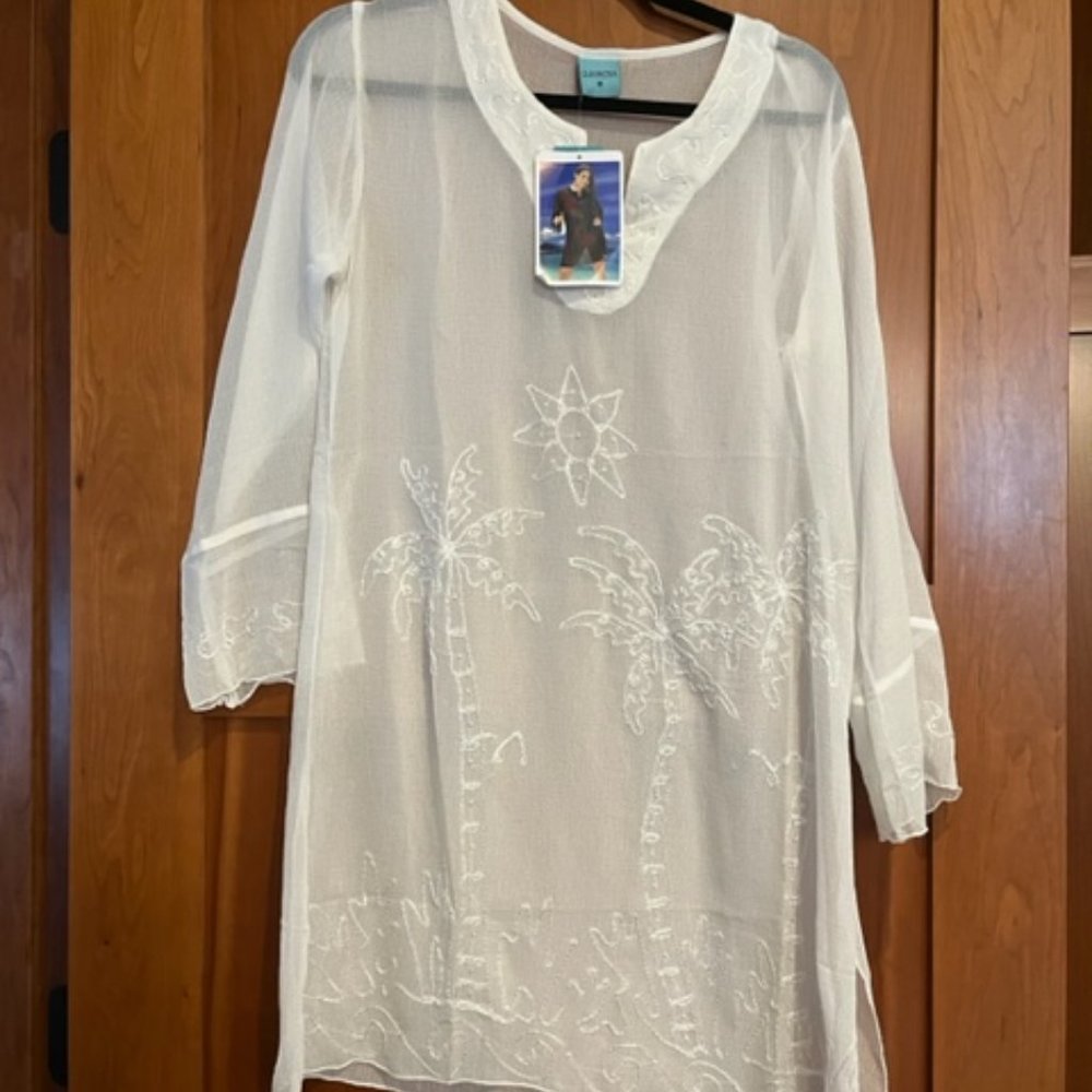 NWT Cleopatra Sheer Swim CoverUp Dress White Embroidered Sequin Palm Tree SZ M